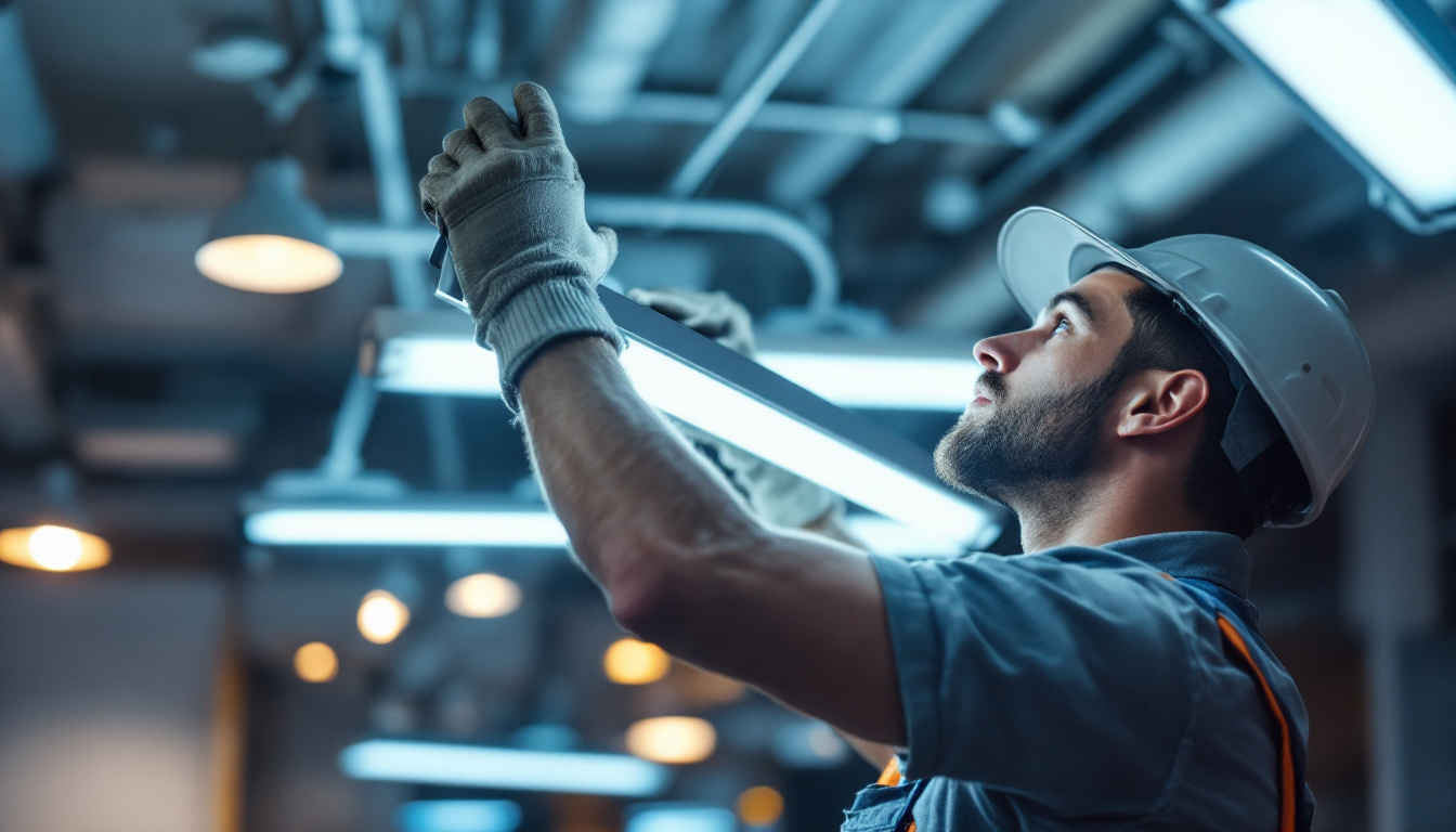 A photograph of a lighting contractor skillfully installing or replacing fluorescent light bulbs in a commercial or residential setting