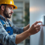 A photograph of a lighting contractor installing a humidity sensor switch in a residential or commercial setting
