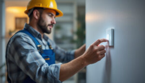 A photograph of a lighting contractor installing a humidity sensor switch in a residential or commercial setting