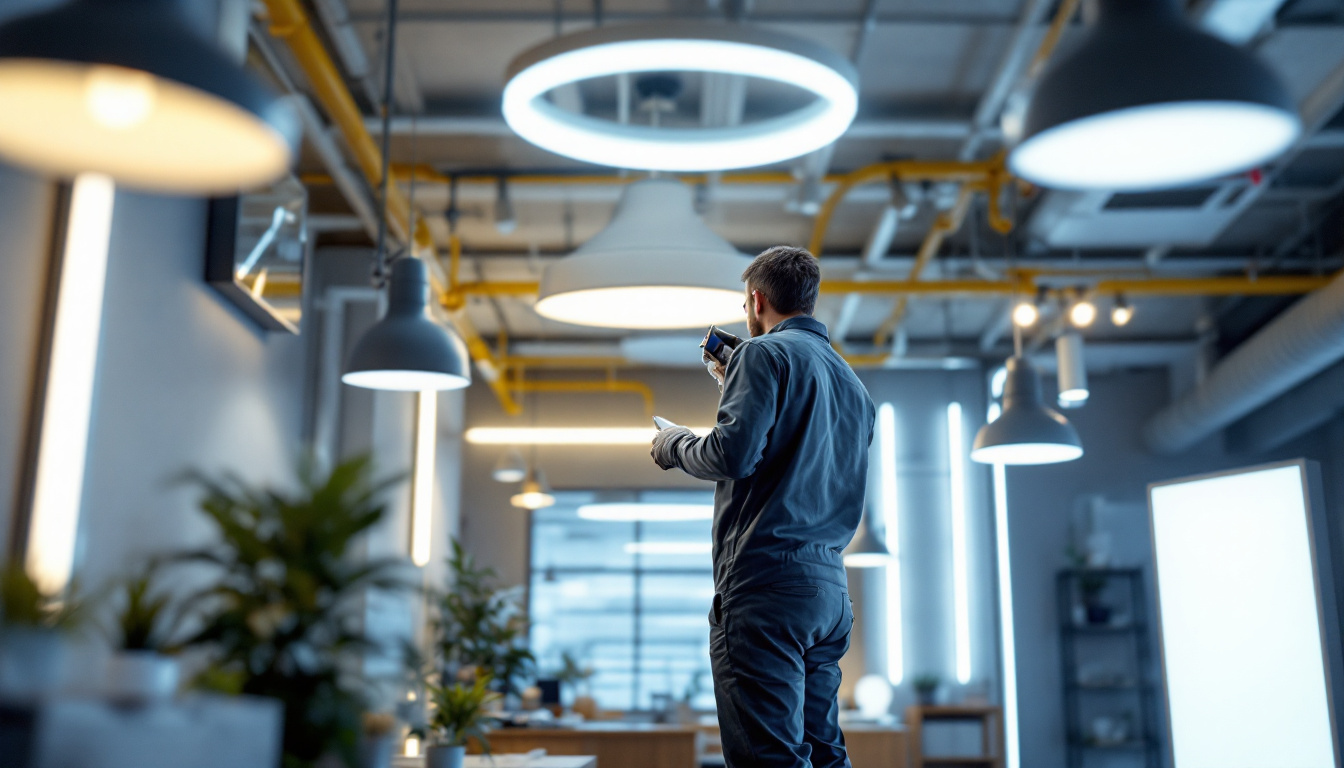 A photograph of a well-lit commercial space showcasing various innovative lighting installations
