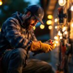 A photograph of a skilled lighting contractor installing low voltage led strip lights outdoors