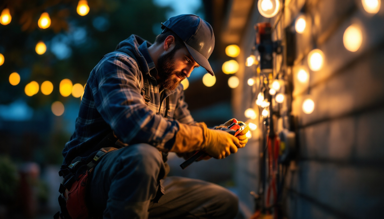 A photograph of a skilled lighting contractor installing low voltage led strip lights outdoors