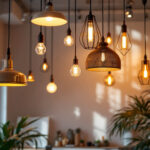 A photograph of a beautifully styled interior space featuring a variety of unique hanging light fixtures
