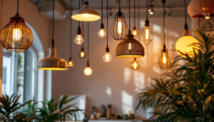 A photograph of a beautifully styled interior space featuring a variety of unique hanging light fixtures
