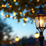 A photograph of a beautifully illuminated outdoor lamp post in a residential or commercial setting at dusk