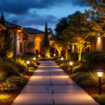 A photograph of a beautifully lit outdoor space showcasing solar exterior spotlights illuminating pathways and landscaping