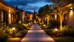 A photograph of a beautifully lit outdoor space showcasing solar exterior spotlights illuminating pathways and landscaping