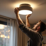 A photograph of a skilled lighting contractor installing a stylish ceiling fixture in a modern home setting