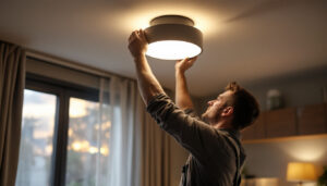 A photograph of a skilled lighting contractor installing a stylish ceiling fixture in a modern home setting