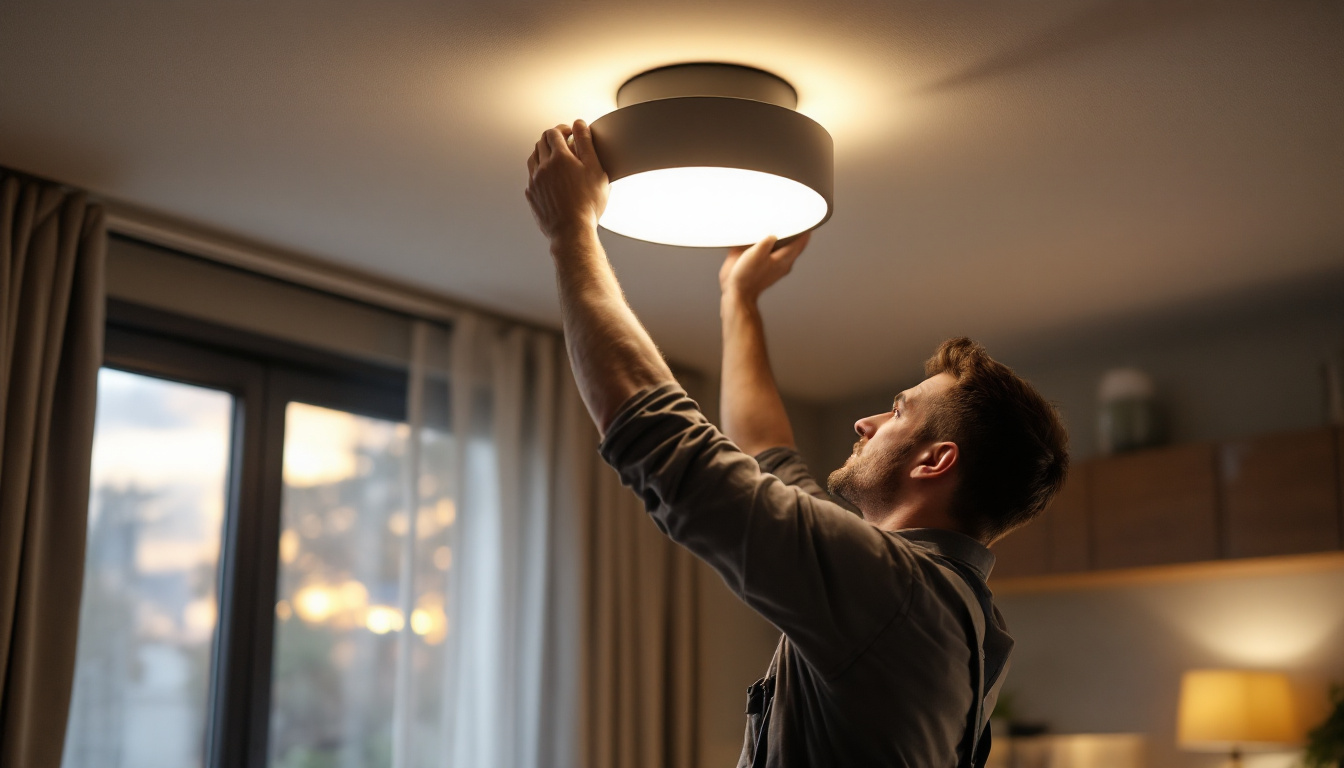 A photograph of a skilled lighting contractor installing a stylish ceiling fixture in a modern home setting