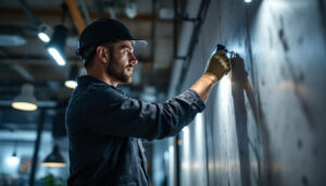 A photograph of a lighting contractor expertly installing or showcasing a modern hid lighting system in a commercial or residential setting