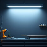 A photograph of a well-lit workshop or garage featuring a 4-foot led shop light in action