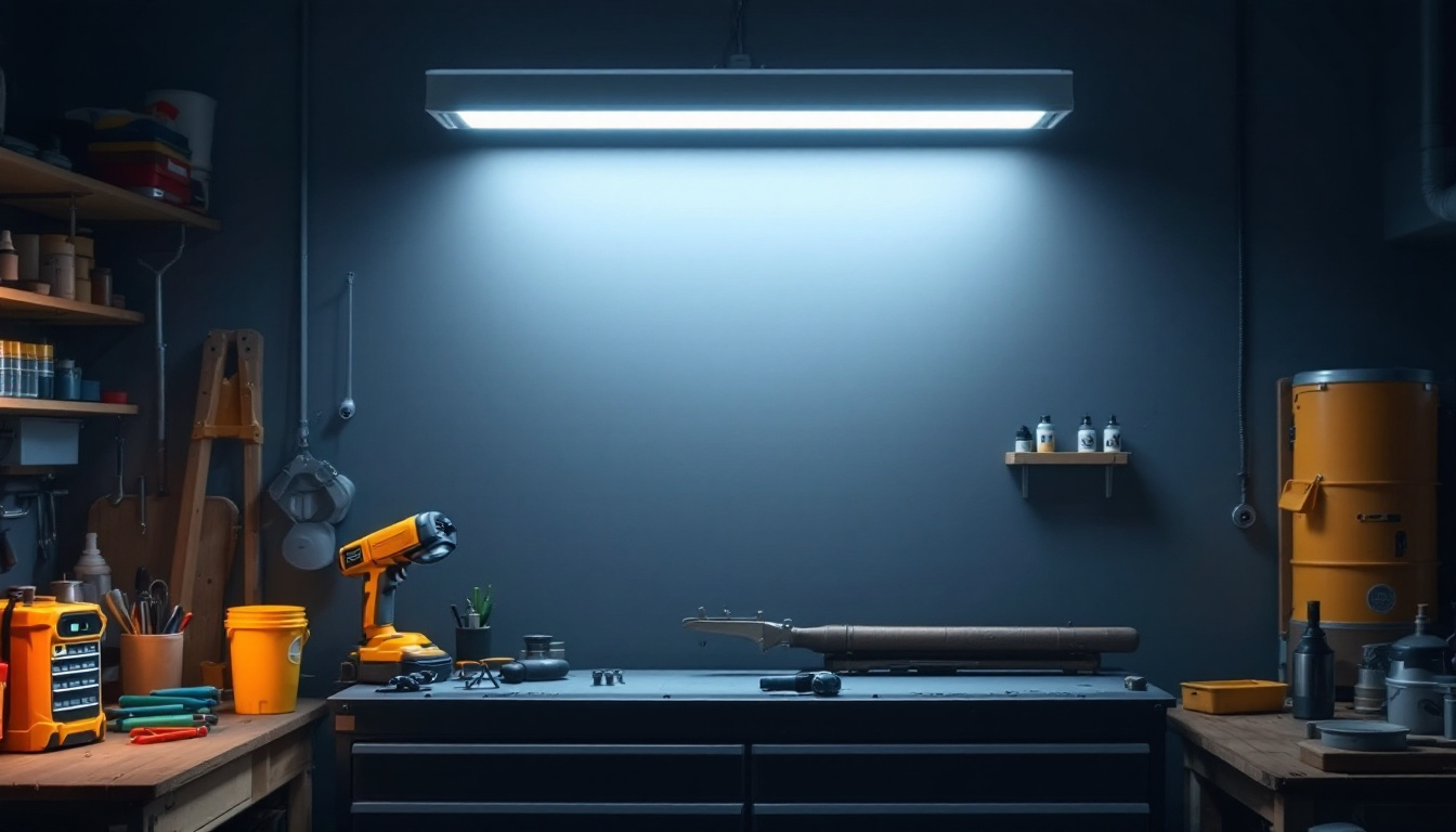 A photograph of a well-lit workshop or garage featuring a 4-foot led shop light in action