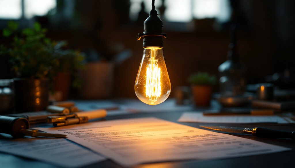 A photograph of a vintage light bulb glowing warmly in a dimly lit room