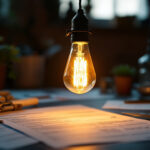 A photograph of a vintage light bulb glowing warmly in a dimly lit room