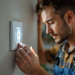 A photograph of a lighting contractor installing a motion-sensitive light switch in a residential setting