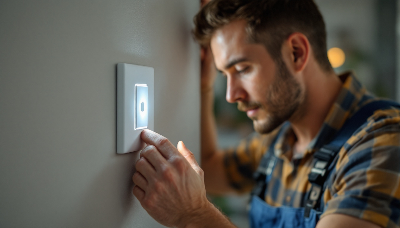 A photograph of a lighting contractor installing a motion-sensitive light switch in a residential setting