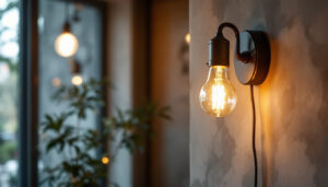 A photograph of a stylish bulb wall lamp installed in a modern interior setting