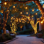 A photograph of a beautifully lit outdoor space featuring a variety of string lights elegantly draped across trees or structures