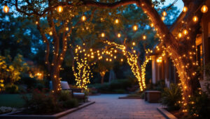 A photograph of a beautifully lit outdoor space featuring a variety of string lights elegantly draped across trees or structures