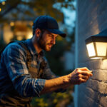A photograph of a lighting contractor installing or adjusting an outdoor motion sensor in a residential or commercial setting