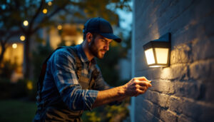 A photograph of a lighting contractor installing or adjusting an outdoor motion sensor in a residential or commercial setting