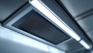 A photograph of a close-up view of a fluorescent light grate louver installed in a commercial setting