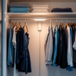 A photograph of a stylish closet interior featuring an energy-efficient pull chain light fixture