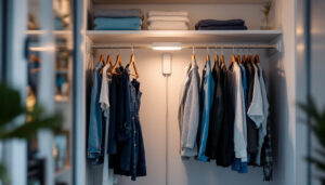 A photograph of a stylish closet interior featuring an energy-efficient pull chain light fixture