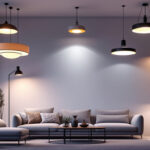 A photograph of a stylish living room showcasing a variety of modern ceiling light fixtures