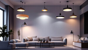 A photograph of a stylish living room showcasing a variety of modern ceiling light fixtures