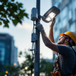 A photograph of a skilled lighting contractor installing or adjusting a modern lighting pole in an outdoor setting