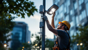 A photograph of a skilled lighting contractor installing or adjusting a modern lighting pole in an outdoor setting