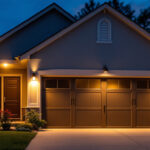 A photograph of a well-lit garage exterior at dusk