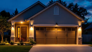 A photograph of a well-lit garage exterior at dusk