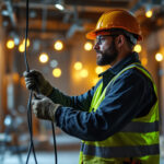 A photograph of a skilled lighting contractor expertly pulling cables in a well-lit construction site
