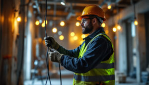 A photograph of a skilled lighting contractor expertly pulling cables in a well-lit construction site