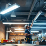 A photograph of a lighting contractor installing led fixtures in a commercial space