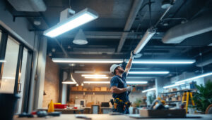 A photograph of a lighting contractor installing led fixtures in a commercial space