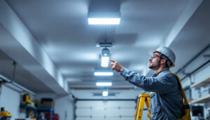 A photograph of a well-lit garage featuring modern led ceiling lights