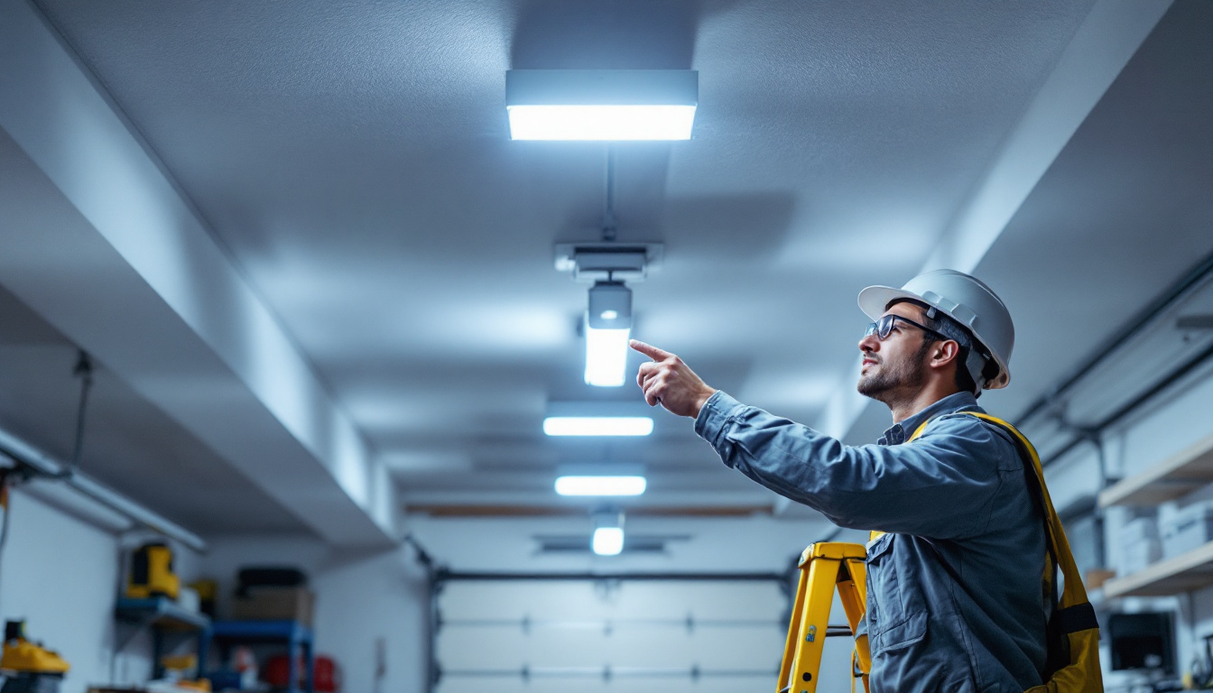 A photograph of a well-lit garage featuring modern led ceiling lights