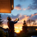 A photograph of a lighting contractor installing a security floodlight in a residential or commercial setting during dusk