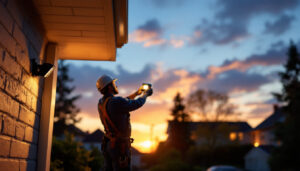 A photograph of a lighting contractor installing a security floodlight in a residential or commercial setting during dusk