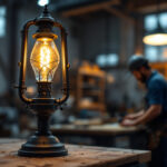 A photograph of a gas light lamp in a well-lit workshop environment
