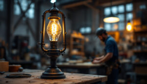 A photograph of a gas light lamp in a well-lit workshop environment
