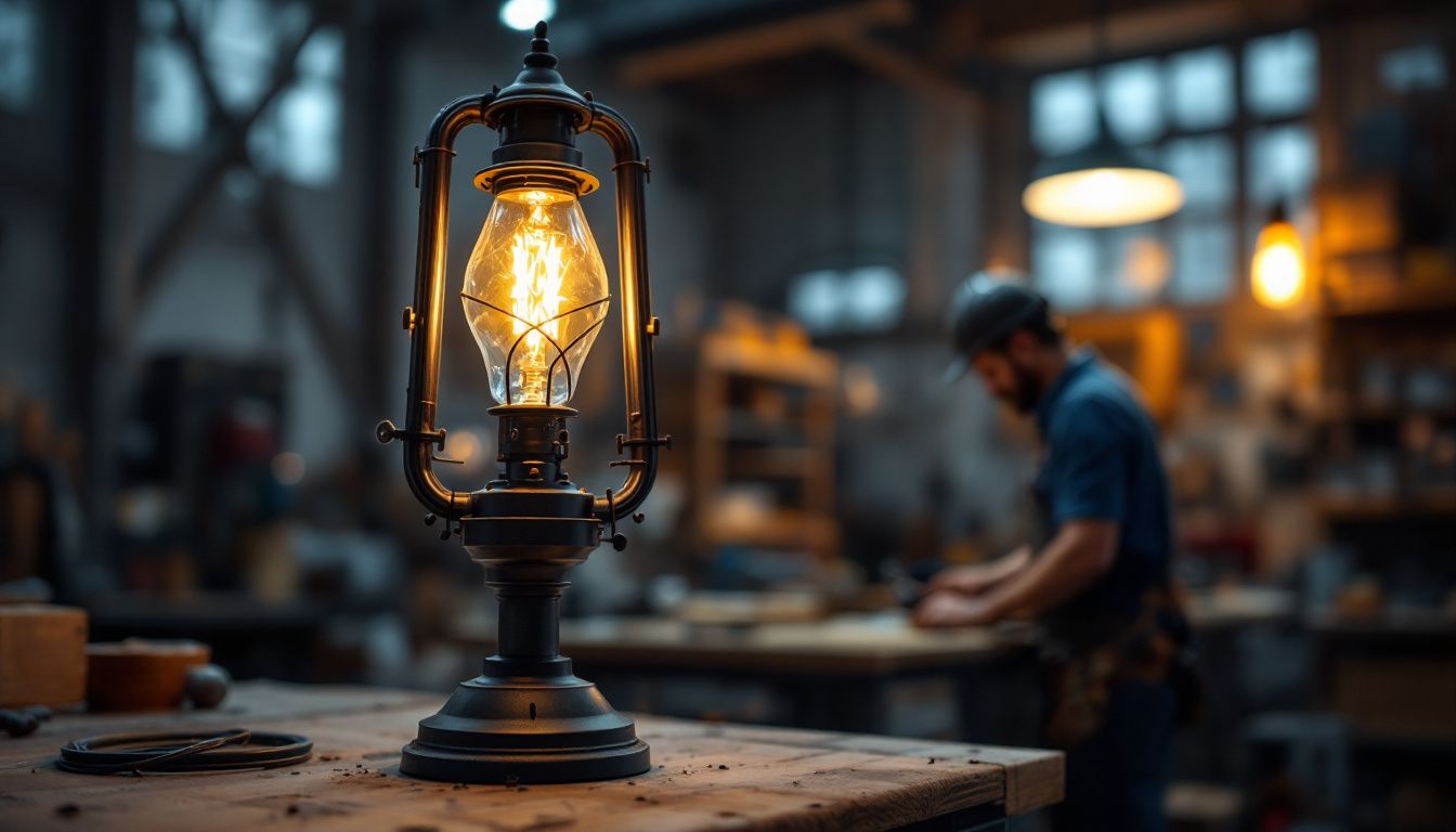 A photograph of a gas light lamp in a well-lit workshop environment