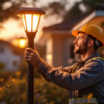 A photograph of a lighting contractor installing a solar post lamp in a residential or commercial outdoor setting