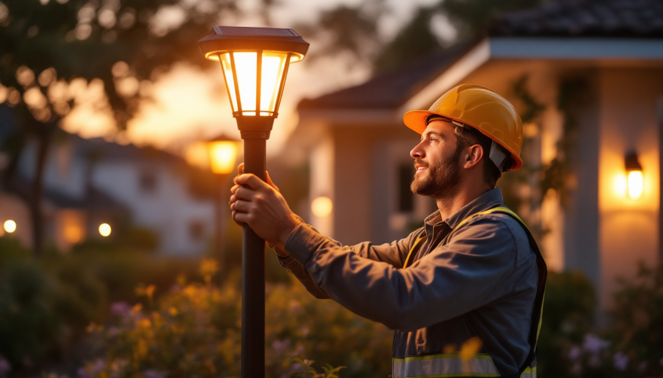 A photograph of a lighting contractor installing a solar post lamp in a residential or commercial outdoor setting
