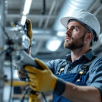 A photograph of a lighting contractor inspecting and installing a light ballast in a commercial setting