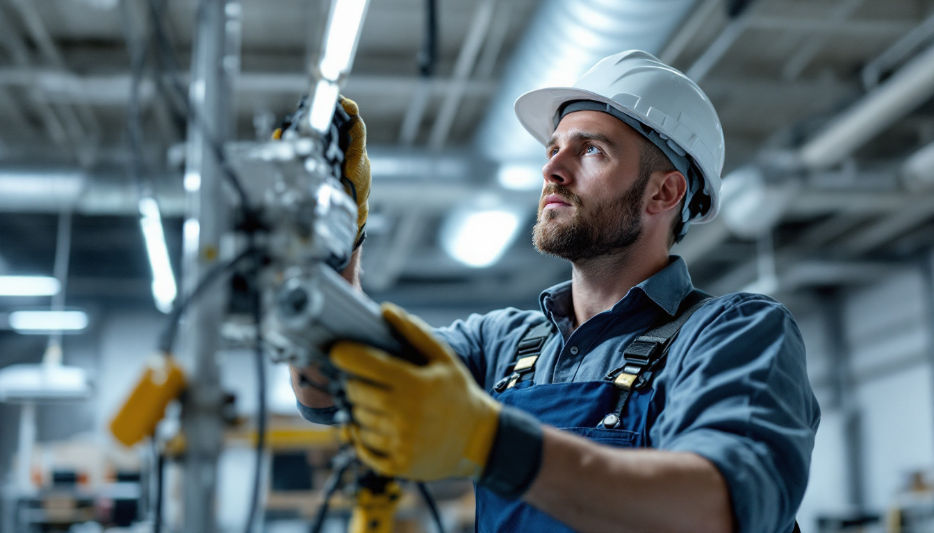 A photograph of a lighting contractor inspecting and installing a light ballast in a commercial setting